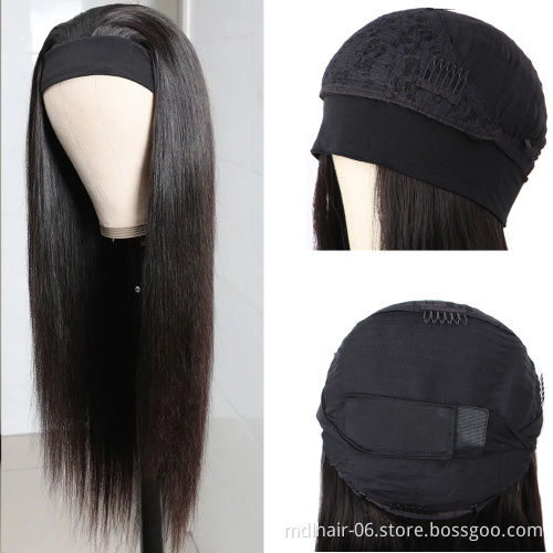Wholesale Straight Human Hair Headband Wig for Black Women Natural Color Machine Made Non-Lace Wigs